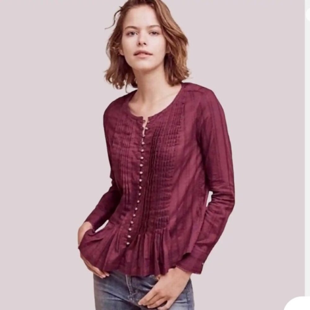 Anthropologie Maeve Gelise Pintuck Pleats Cotton Button Boho Sleeve Blouse Plum
